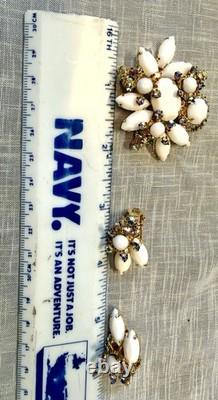 Vintage Juliana D&E Style White Milk Glass AB Rhinestone Brooch Earring Set