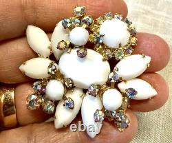 Vintage Juliana D&E Style White Milk Glass AB Rhinestone Brooch Earring Set