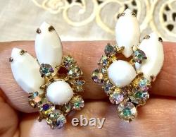 Vintage Juliana D&E Style White Milk Glass AB Rhinestone Brooch Earring Set