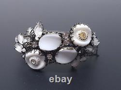 Vintage Juliana Milk Glass White Rhinestone Hinged Bangle Bracelet Earrings Set
