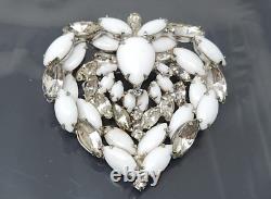 Vintage Juliana White Milk Glass Rhinestone Silver tone Heart Large Brooch