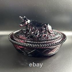 Vintage Kemple 7 Glass Cow On Nest Dark Purple Amethyst Glows