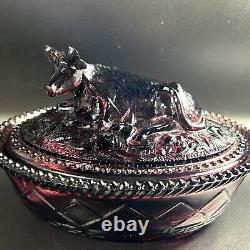 Vintage Kemple 7 Glass Cow On Nest Dark Purple Amethyst Glows