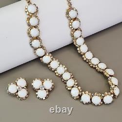 Vintage Kramer Necklace Clip Earrings Set White Milk Glass AB Rhinestones 15.5