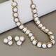 Vintage Kramer Necklace Clip Earrings Set White Milk Glass Ab Rhinestones 15.5