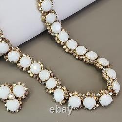 Vintage Kramer Necklace Clip Earrings Set White Milk Glass AB Rhinestones 15.5