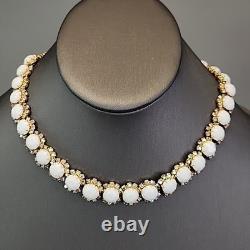Vintage Kramer Necklace Clip Earrings Set White Milk Glass AB Rhinestones 15.5