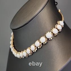 Vintage Kramer Necklace Clip Earrings Set White Milk Glass AB Rhinestones 15.5