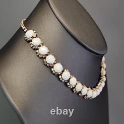 Vintage Kramer Necklace Clip Earrings Set White Milk Glass AB Rhinestones 15.5