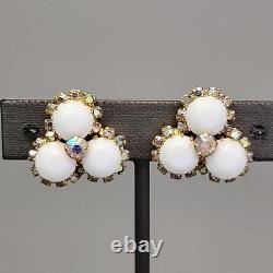 Vintage Kramer Necklace Clip Earrings Set White Milk Glass AB Rhinestones 15.5
