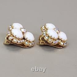 Vintage Kramer Necklace Clip Earrings Set White Milk Glass AB Rhinestones 15.5