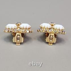 Vintage Kramer Necklace Clip Earrings Set White Milk Glass AB Rhinestones 15.5