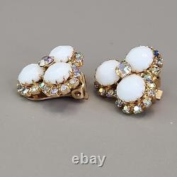 Vintage Kramer Necklace Clip Earrings Set White Milk Glass AB Rhinestones 15.5