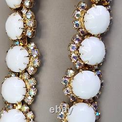 Vintage Kramer Necklace Clip Earrings Set White Milk Glass AB Rhinestones 15.5