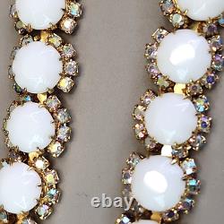 Vintage Kramer Necklace Clip Earrings Set White Milk Glass AB Rhinestones 15.5
