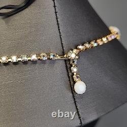 Vintage Kramer Necklace Clip Earrings Set White Milk Glass AB Rhinestones 15.5