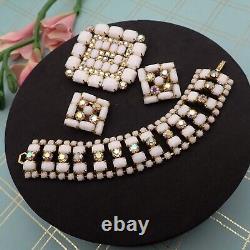 Vintage La Rel White Milk Glass AB Rhinestone Parure Pin Bracelet Earring Set