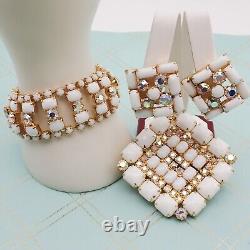 Vintage La Rel White Milk Glass AB Rhinestone Parure Pin Bracelet Earring Set