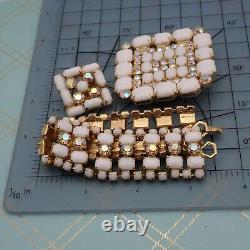 Vintage La Rel White Milk Glass AB Rhinestone Parure Pin Bracelet Earring Set