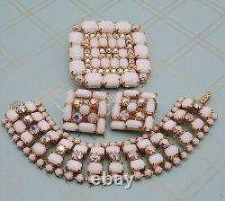 Vintage La Rel White Milk Glass AB Rhinestone Parure Pin Bracelet Earring Set