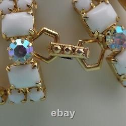 Vintage La Rel White Milk Glass AB Rhinestone Parure Pin Bracelet Earring Set