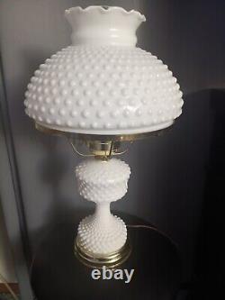 Vintage Large Hurricane White Milk Glass Hobnail Lamp. Crimped Ruffled Edge