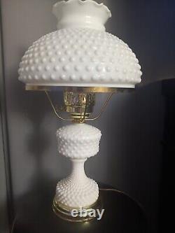 Vintage Large Hurricane White Milk Glass Hobnail Lamp. Crimped Ruffled Edge