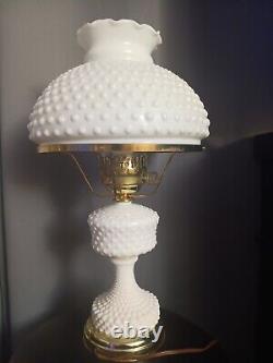 Vintage Large Hurricane White Milk Glass Hobnail Lamp. Crimped Ruffled Edge