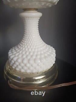 Vintage Large Hurricane White Milk Glass Hobnail Lamp. Crimped Ruffled Edge