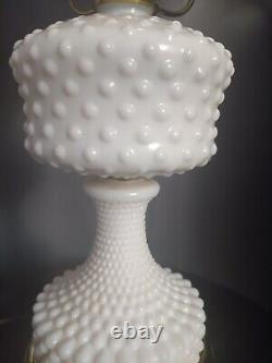 Vintage Large Hurricane White Milk Glass Hobnail Lamp. Crimped Ruffled Edge