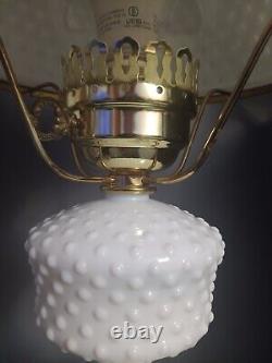 Vintage Large Hurricane White Milk Glass Hobnail Lamp. Crimped Ruffled Edge