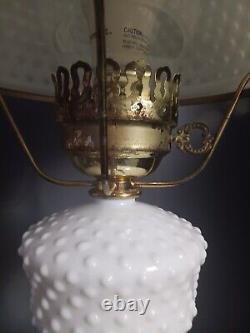 Vintage Large Hurricane White Milk Glass Hobnail Lamp. Crimped Ruffled Edge