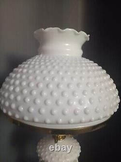 Vintage Large Hurricane White Milk Glass Hobnail Lamp. Crimped Ruffled Edge