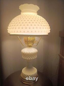 Vintage Large Hurricane White Milk Glass Hobnail Lamp. Crimped Ruffled Edge