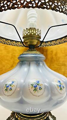 Vintage Large White & Blue Rose Milk Glass 3 Way Hurricane Lamp 24