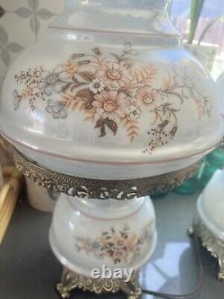 Vintage Large White Milk Glass Hurricane Lamp with Floral Design 22 Tall