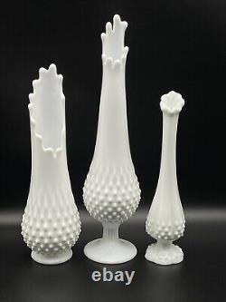 Vintage Lot Of 3 Fenton White Milk Glass Swung Hobnail Pedestal Vase 60's MCM