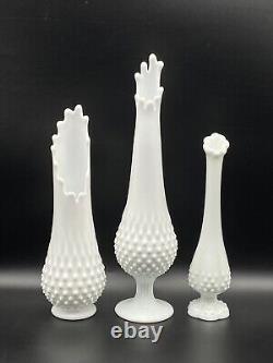 Vintage Lot Of 3 Fenton White Milk Glass Swung Hobnail Pedestal Vase 60's MCM