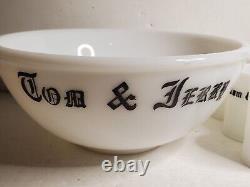 Vintage Lot Tom & Jerry Milk Glass Punch Bowl & 6 Cups Great Condition