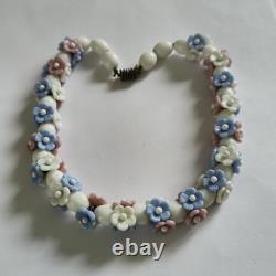Vintage Louis Rousselet Milk Glass Necklace Blue & White Flower Beads, French