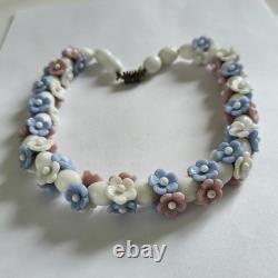 Vintage Louis Rousselet Milk Glass Necklace Blue & White Flower Beads, French