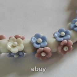 Vintage Louis Rousselet Milk Glass Necklace Blue & White Flower Beads, French