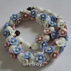 Vintage Louis Rousselet Milk Glass Necklace Blue & White Flower Beads, French