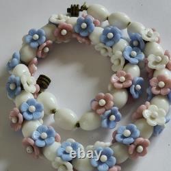 Vintage Louis Rousselet Milk Glass Necklace Blue & White Flower Beads, French