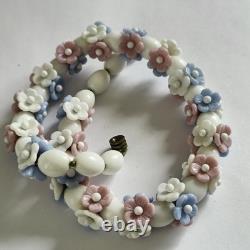 Vintage Louis Rousselet Milk Glass Necklace Blue & White Flower Beads, French