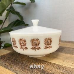 Vintage MCM Federal Milk Glass Bowl & Lid Brown Sunflowers Casserole Dish Bowl