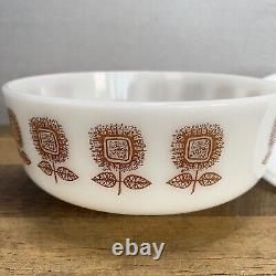 Vintage MCM Federal Milk Glass Bowl & Lid Brown Sunflowers Casserole Dish Bowl