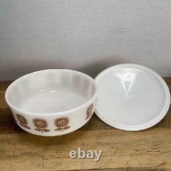 Vintage MCM Federal Milk Glass Bowl & Lid Brown Sunflowers Casserole Dish Bowl