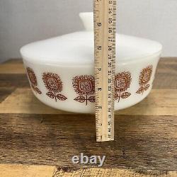 Vintage MCM Federal Milk Glass Bowl & Lid Brown Sunflowers Casserole Dish Bowl