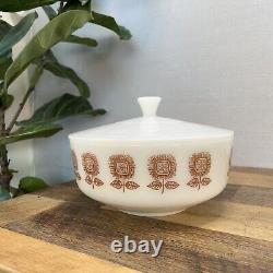 Vintage MCM Federal Milk Glass Bowl & Lid Brown Sunflowers Casserole Dish Bowl